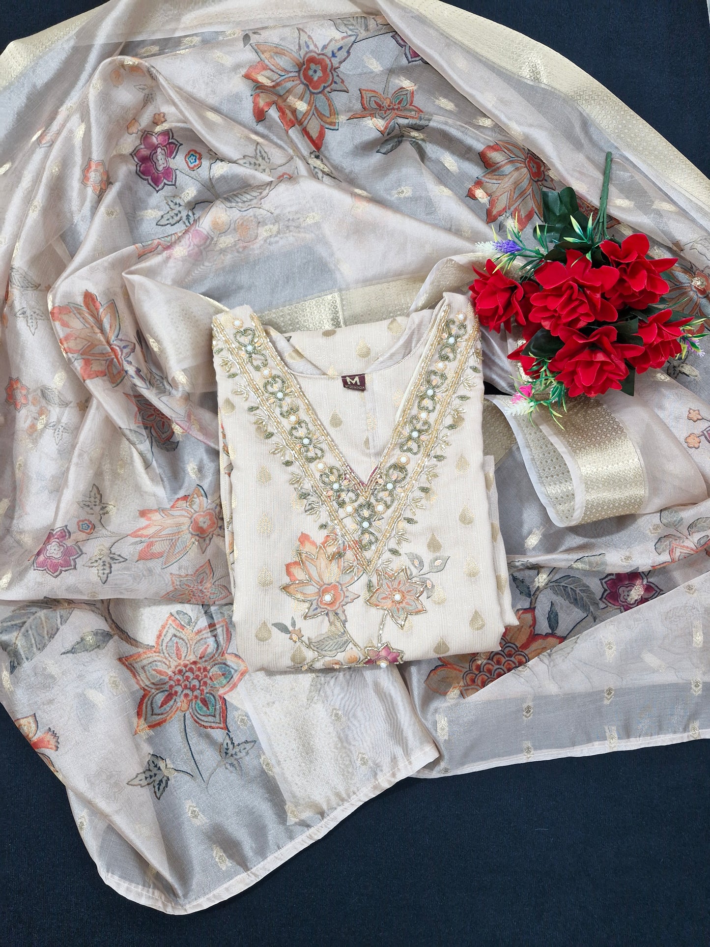 Elegant Beige and Gold Embroidered Suit with Floral Dupatta