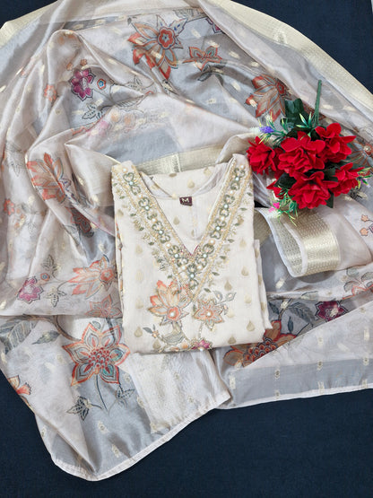 Elegant Beige and Gold Embroidered Suit with Floral Dupatta