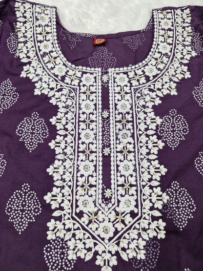 Elegant Purple Three-Piece Suit with Embroidery and Bandhani Print