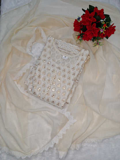 Elegant Off-White Embroidered Three-Piece Suit Set