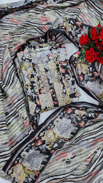 Black Floral Print Suit with Embroidered Neckline and Striped Dupatta