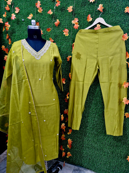 Elegant Olive Green Embroidered Suit Set