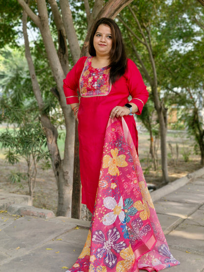 Vibrant Floral Embroidered Three-Piece Suit in Magenta