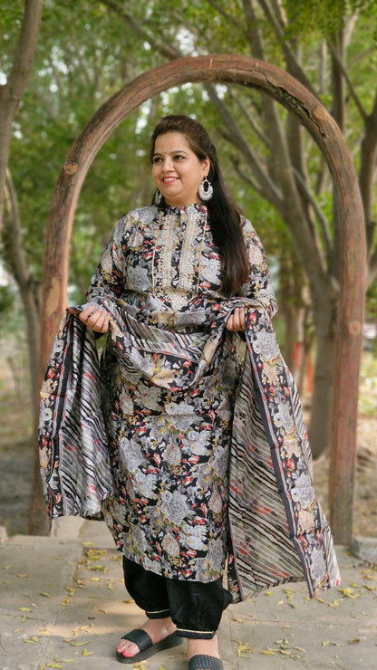 Black Floral Print Suit with Embroidered Neckline and Striped Dupatta