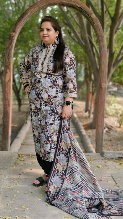 Black Floral Print Suit with Embroidered Neckline and Striped Dupatta