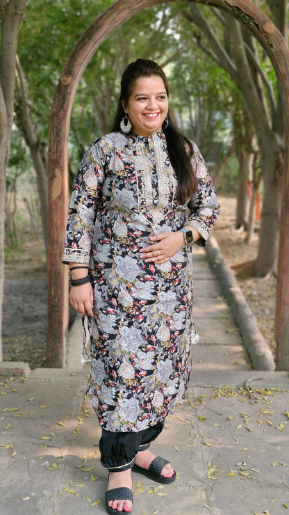 Black Floral Print Suit with Embroidered Neckline and Striped Dupatta