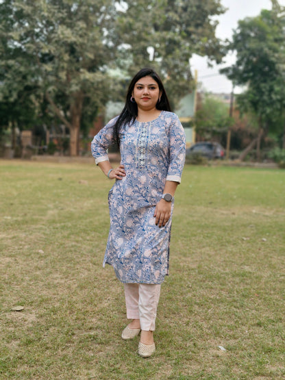 Floral Print Cotton Suit with Embroidered Neckline