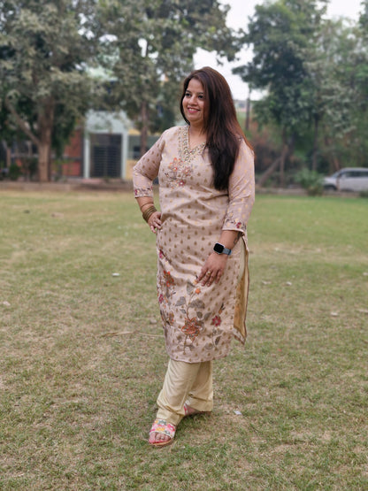 Elegant Beige and Gold Embroidered Suit with Floral Dupatta