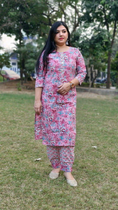 Floral Light Pink Floral Cotton Three-Piece Suit
