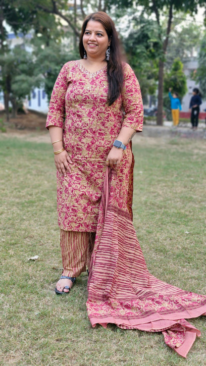 beige and pink contrast three-piece cotton suit