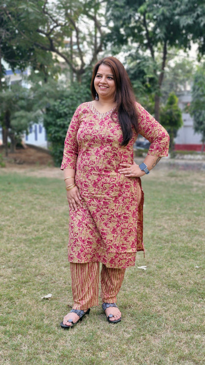 beige and pink contrast three-piece cotton suit