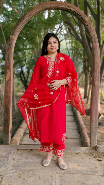 Red Dola Silk Three-Piece Suit with Kashmiri Embroidery