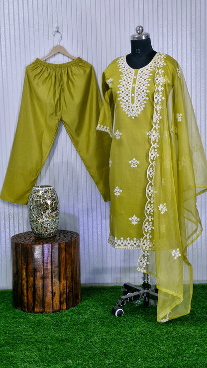 Sunny Lime Dola Silk Embroidered Suit Set