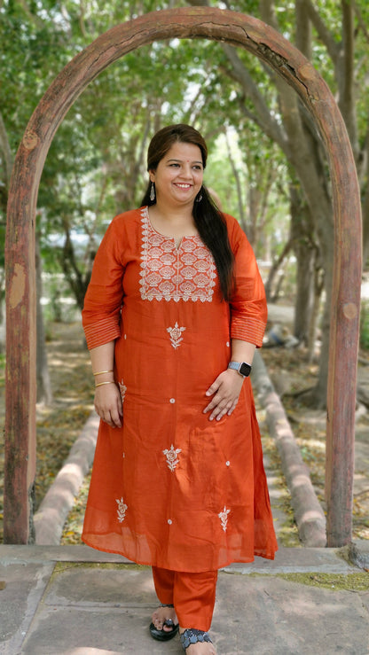 Rust Orange Elegance Embroidered Suit Set