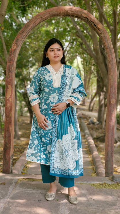 Gulnoor Teal Blossom Cotton Suit Set