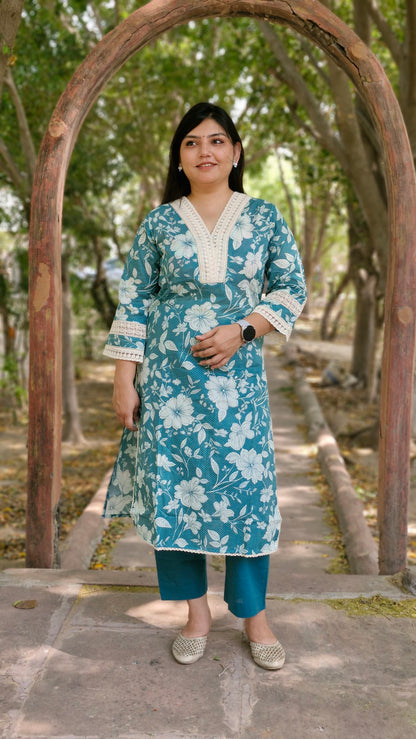 Gulnoor Teal Blossom Cotton Suit Set