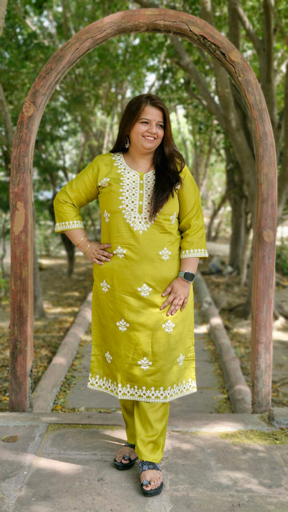 Sunny Lime Dola Silk Embroidered Suit Set
