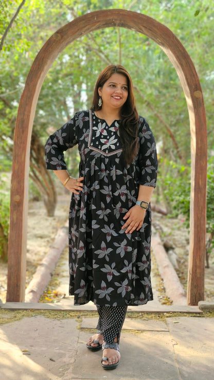 Black Bloom Printed Anarkali Suit Set