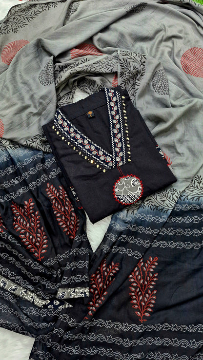 Ajrakh Print Style with Thread Embroidery Suit Set