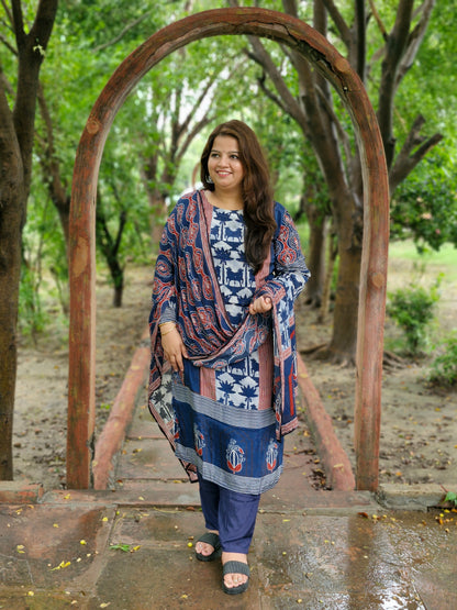 Indigo Handblock Print Modal Silk Three-Piece Suit