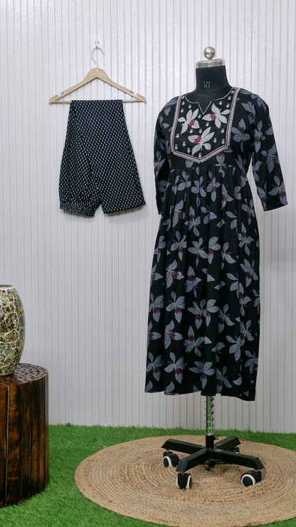 Black Bloom Printed Anarkali Suit Set