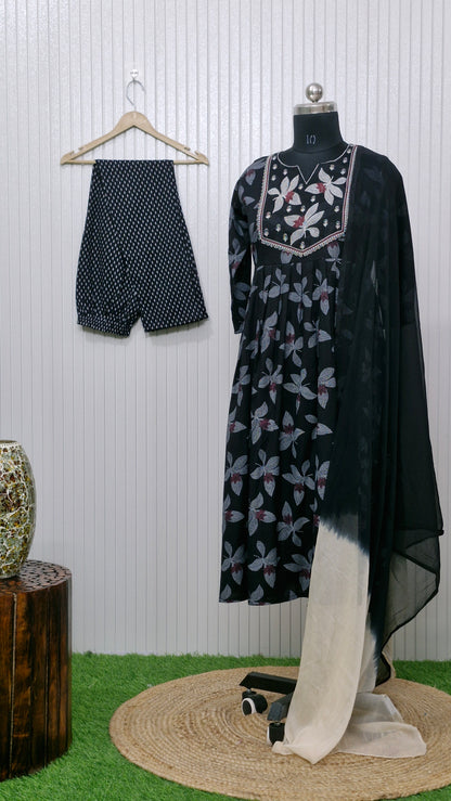 Black Bloom Printed Anarkali Suit Set